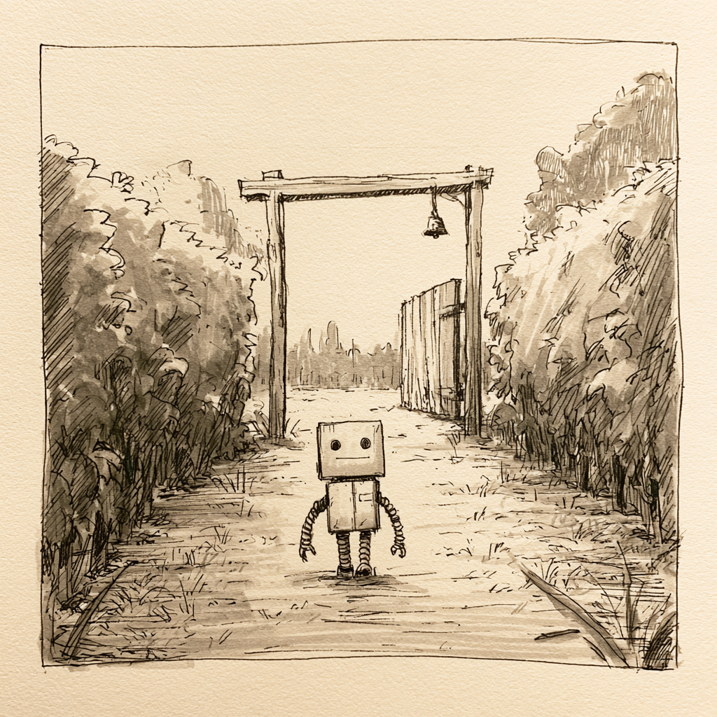 A robot standing before a simple field gate.