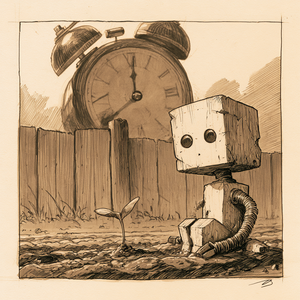A robot beneath an oversized field clock.