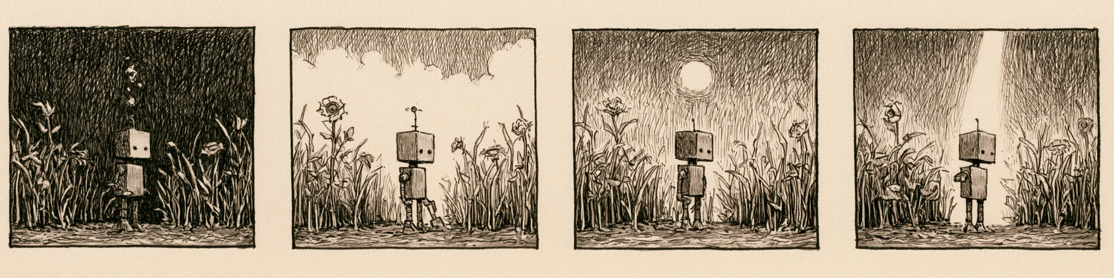 Four monochrome field photographs documenting a robot across daily wake periods.