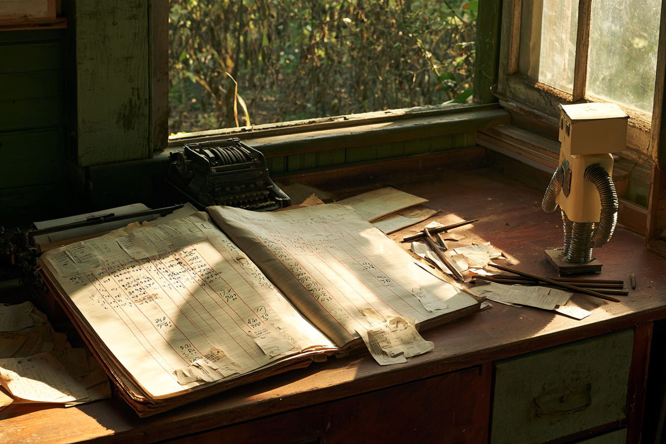 An old field ledger open on a desk beside a typewriter.